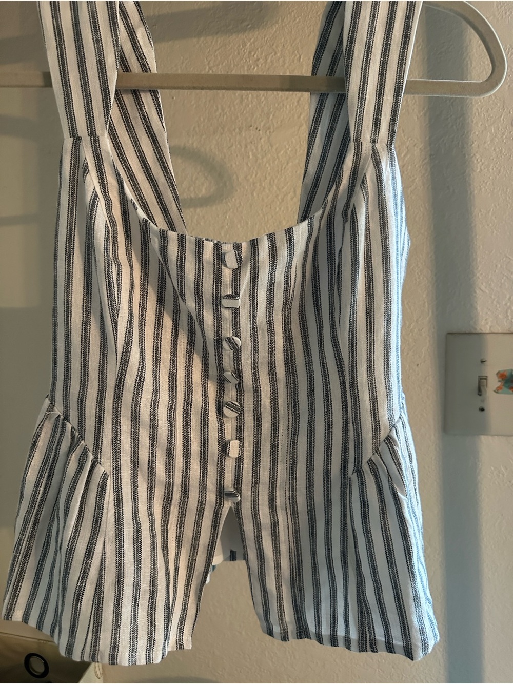 Reformation Evie Grey & White Striped Linen Top